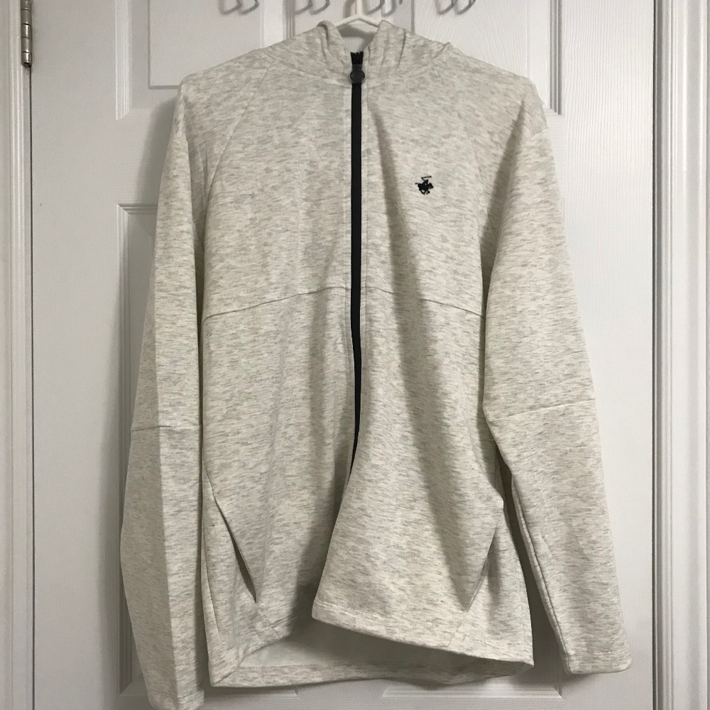 NWT Beverly Hills Polo Club Cotton Rich Zip Up Sweater With Hood Side Arm Zipper